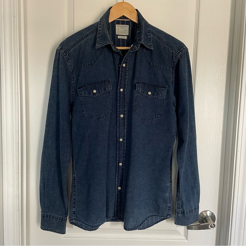 Selected Homme Western Denim Long Sleeves Shirt Pearl Snap Closures Mens Size S